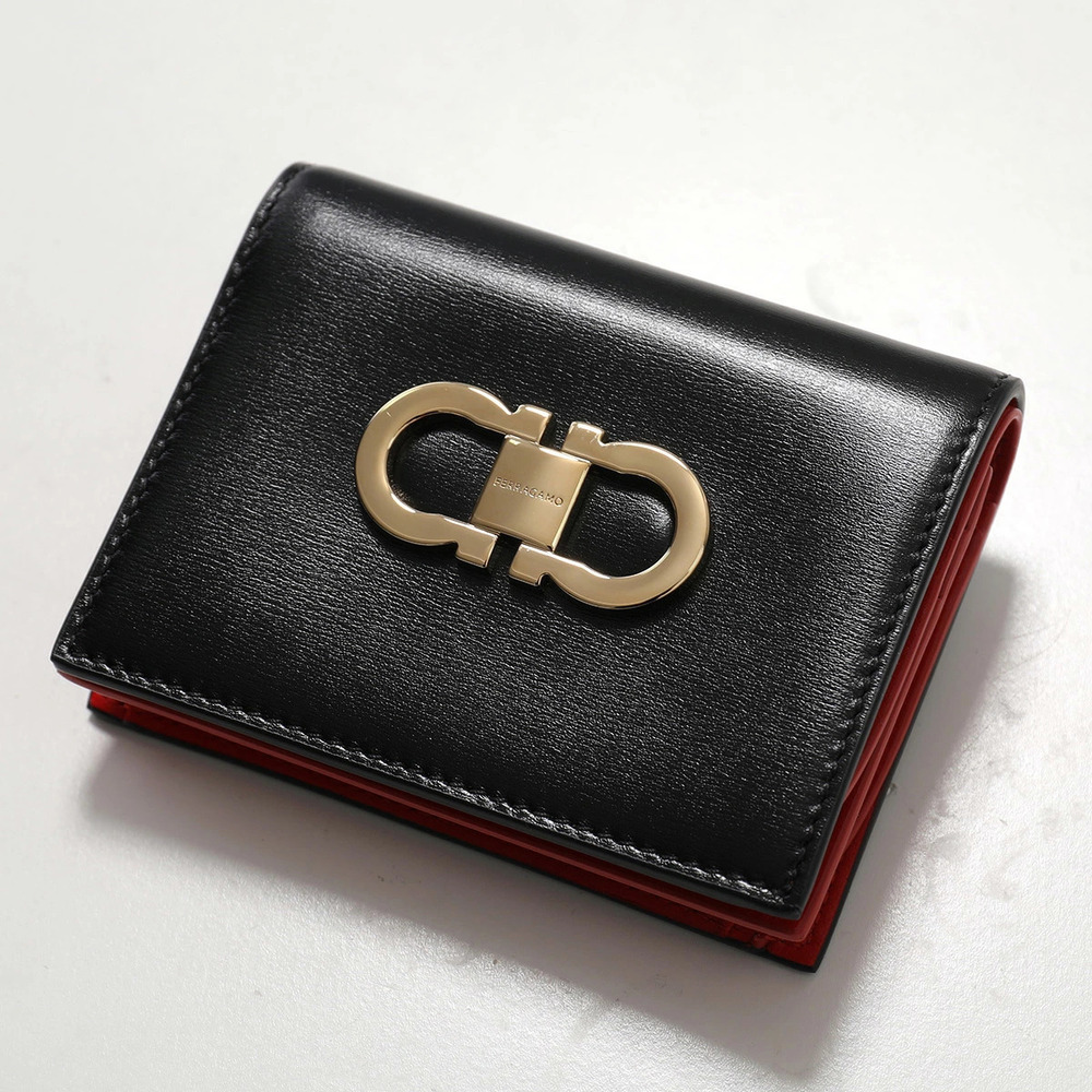 Salvatore Ferragamo Bi fold Wallet Gancini Leather Nero Black FLAME RED